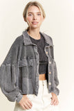 Mineral Wash Button Cropped Shacket HT5560: Ashed Black / S-M-L / 2-2-2
