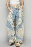 Floral print crochet contrast casual jeans: DENIM / M