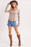 CROCHET PATCH SLEEVED HALF BUTTON ROUND NECK TOP: IVORY / S