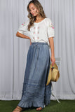 Ruffle Frayed Hem Chambray Casual Western Maxi Skirt VS83151: Washed Denim / L