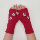 Fingerless Cashmere Gloves-Wildflower: Blue on Olive / One Size Fits Most