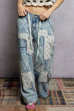 Patchwork Detail Denim Straight Fit Pants: DENIM MULTI / M
