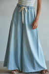 BD283 | Denim Drawstring Waist Band Wide Leg Pants: Light Denim / S
