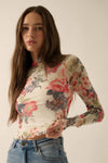 Floral-Print Mesh Mock-Neck Thumbhole Top: CREAM / L