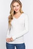 Basic Solid Long Sleeve V Neck Top: MOCHA MOUSSE / 2-2-2 (S-M-L)