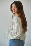 L8474 | Woven Cotton Long Cap Sleeve Smocked Blouse : Ivory / S