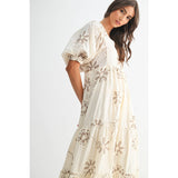FLORAL EMBROIDERED MAXI DRESS: CREAM/MOCHA / S-M-L(3-2-1)