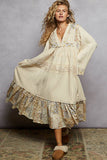 Long sleeve double gauze crochet spangle trim woven dress: NATURAL / S