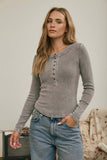 WASHED LONG SLEEVE RIBBED HENLEY KNIT TOP: LIGHT OLIVE