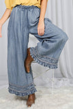 Flared Ruffle Hem Washed Chambray Crop Denim Pants VP83186: Washed Denim / L
