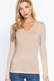 Basic Solid Long Sleeve V Neck Top: CELADON GREEN / 2-2-2 (S-M-L)
