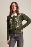 Floral Embroidered Puff Sleeve Cardigan: Dark Olive / S