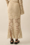 Crochet-Knit Lace Fringe Maxi Skirt: NATURAL / M
