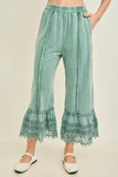 Mineral Washed Delicate lace trim hem Cropped Pants HP7236: HotCocoa / S-M-L / 2-2-2