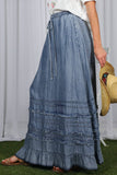 Ruffle Frayed Hem Chambray Casual Western Maxi Skirt VS83151: Washed Denim / M