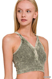 ,.._ SI-25407 Washed Seamless rib snap button crop tank w/ cut-ou: ASH OLIVE-160834 / L/XL