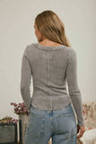 WASHED LONG SLEEVE RIBBED HENLEY KNIT TOP: VINTAGE BLUE
