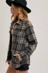 BUTTON DOWN PLAID SHACKET: GREY COMBO / L