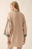 Colorblock Round-Neck Cable-Knit Oversize Sweater: Sand / S