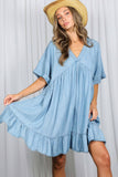 V-Neck 100%Tencel Chambray Tiered Dress VD81038A: Light Denim / L