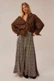 Woven Plaid Button-Front Ruffle-Hem Drawstring Maxi Skirt: Chocolate / M