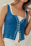Ribbed Cotton Button-Front Picot Trim Tank: PINK FL / S-2/M-2/L-2