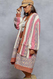 Striped pattern toggle button Berber sweater hoodie cardigan: PINK MULTI / L