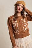 Floral Embroidered Puff Sleeve Cardigan: Tiramisu / L
