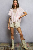 Lace Trim V Ruffle Detail Textured Woven Short Sleeve Top: PALE BLUE / S