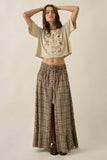 Woven Plaid Button-Front Ruffle-Hem Drawstring Maxi Skirt: Chocolate / L