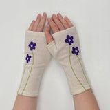 Fingerless Cashmere Gloves-Wildflower: Blue on Olive / One Size Fits Most