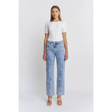 HIGH RISE STRAIGHT LEG WITH EMBROIDERY JEANS: MID BLUE / 29