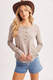 CROCHET PATCH SLEEVED HALF BUTTON ROUND NECK TOP: MUSHROOM / M