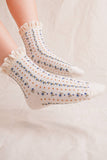SC10048C-Lace Trim Detail Floral Printed Crew Socks: WHITE / S/5