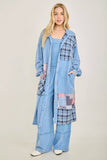 Mineral Washed Boho Plaid Patched Long Fall Jacket HT6861: Chocolate / S-M-L / 2-2-2