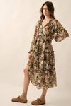 Floral V-Neck Chiffon Midi Dress: Black / L