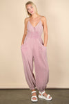 NP70837-Mineral Washed Cotton Gauze Casual Jumpsuit: SAGE / S-M-L/2-2-2