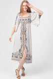 C4B76-A940 SMOCKED BUST KIMONO SLEEVES MIDI DRESS CENTER SLI: M