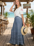 Ruffle Frayed Hem Chambray Casual Western Maxi Skirt VS83151: Washed Denim / S