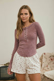 WASHED LONG SLEEVE RIBBED HENLEY KNIT TOP: VINTAGE BLUE
