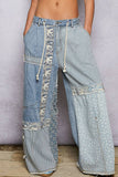 Lace-overlay waistband detail contrast denim woven pants: DENIM MULTI / M