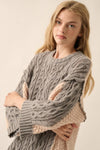 Colorblock Round-Neck Cable-Knit Oversize Sweater: Sand / S