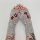 Fingerless Cashmere Gloves-Wildflower: Coral on Blue / One Size Fits Most
