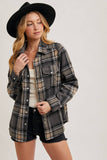 BUTTON DOWN PLAID SHACKET: BROWN COMBO / S