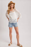 BOHO SHEER CROCHET 3/4 SLEEVED TOP WITH NO LINING: NATURAL / L