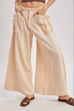 DRAWSTRING PATCH POCKETS WIDE LEG PANTS: MOCHA / L