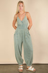 NP70837-Mineral Washed Cotton Gauze Casual Jumpsuit: SAGE / S-M-L/2-2-2