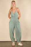 NP70837-Mineral Washed Cotton Gauze Casual Jumpsuit: SAGE / S-M-L/2-2-2