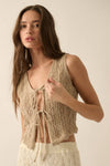 Pointelle Crochet-Knit Tie-Front Tank Top: CREAM / M