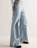 Ladies Elastic Waist Pocket Wide Leg Denim Pants: Light Blue / M